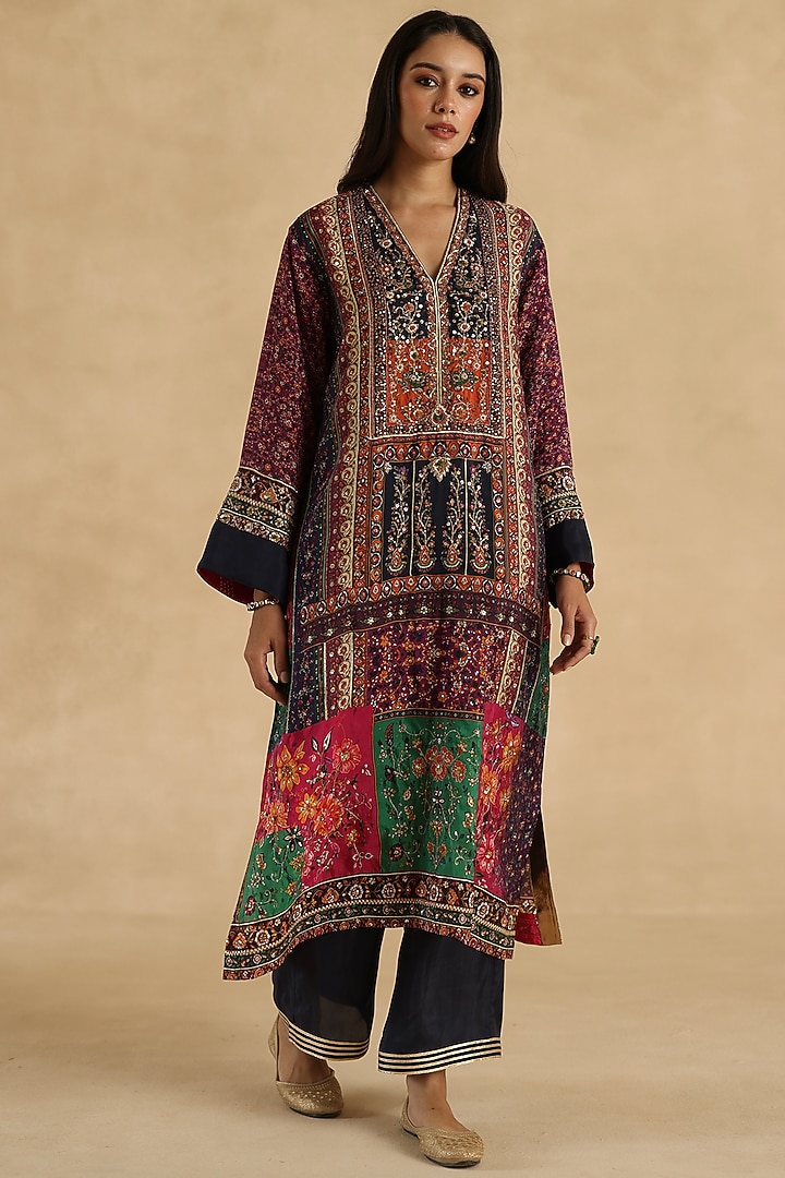 Multi-Colored Habutai Silk Patchwork Kurta Set by Begum Pret at Pernia's Pop Up Shop