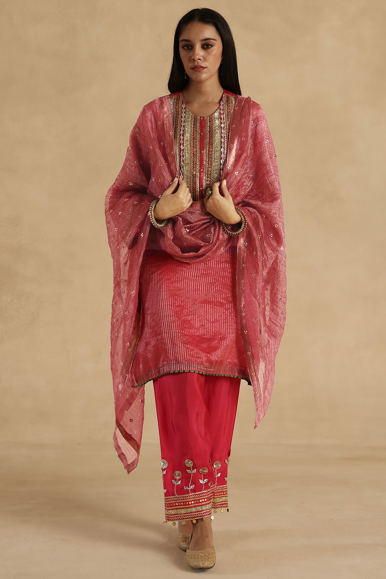 Begum Pret Pink Tissue Zari Silk Striped Embroidered Kurta Set