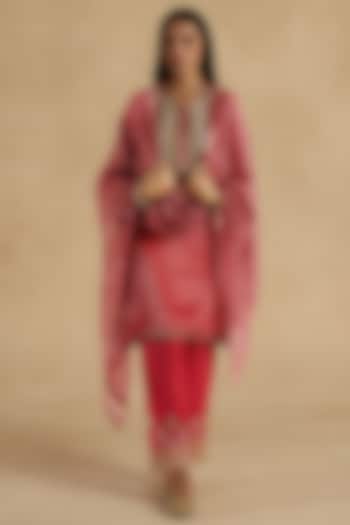 Pink Tissue Zari Silk Striped Embroidered Kurta Set by Begum Pret at Pernia's Pop Up Shop