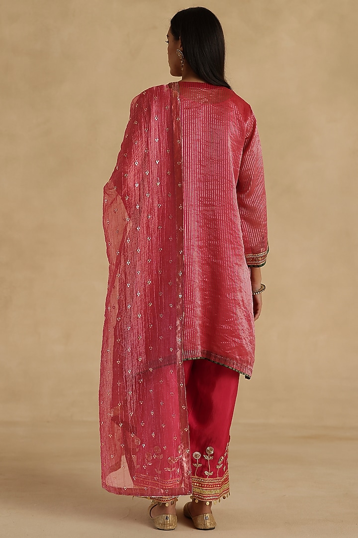 Pink Tissue Zari Silk Striped Embroidered Kurta Set by Begum Pret at Pernia's Pop Up Shop