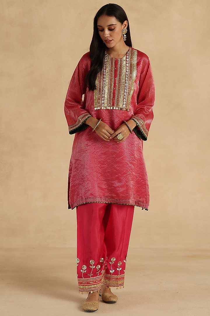 Pink Tissue Zari Silk Striped Embroidered Kurta Set by Begum Pret at Pernia's Pop Up Shop