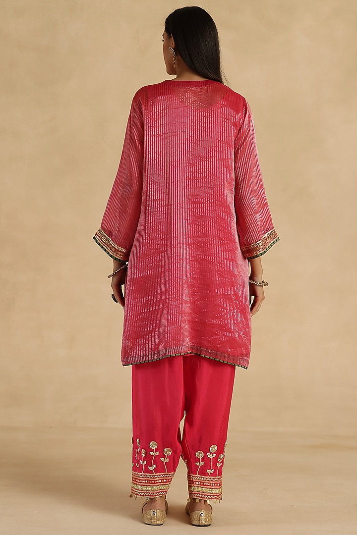 Pink Tissue Zari Silk Striped Embroidered Kurta Set by Begum Pret at Pernia's Pop Up Shop