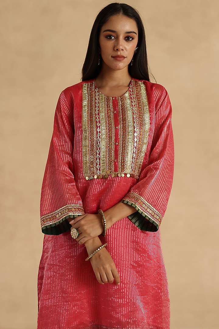 Pink Tissue Zari Silk Striped Embroidered Kurta Set by Begum Pret at Pernia's Pop Up Shop