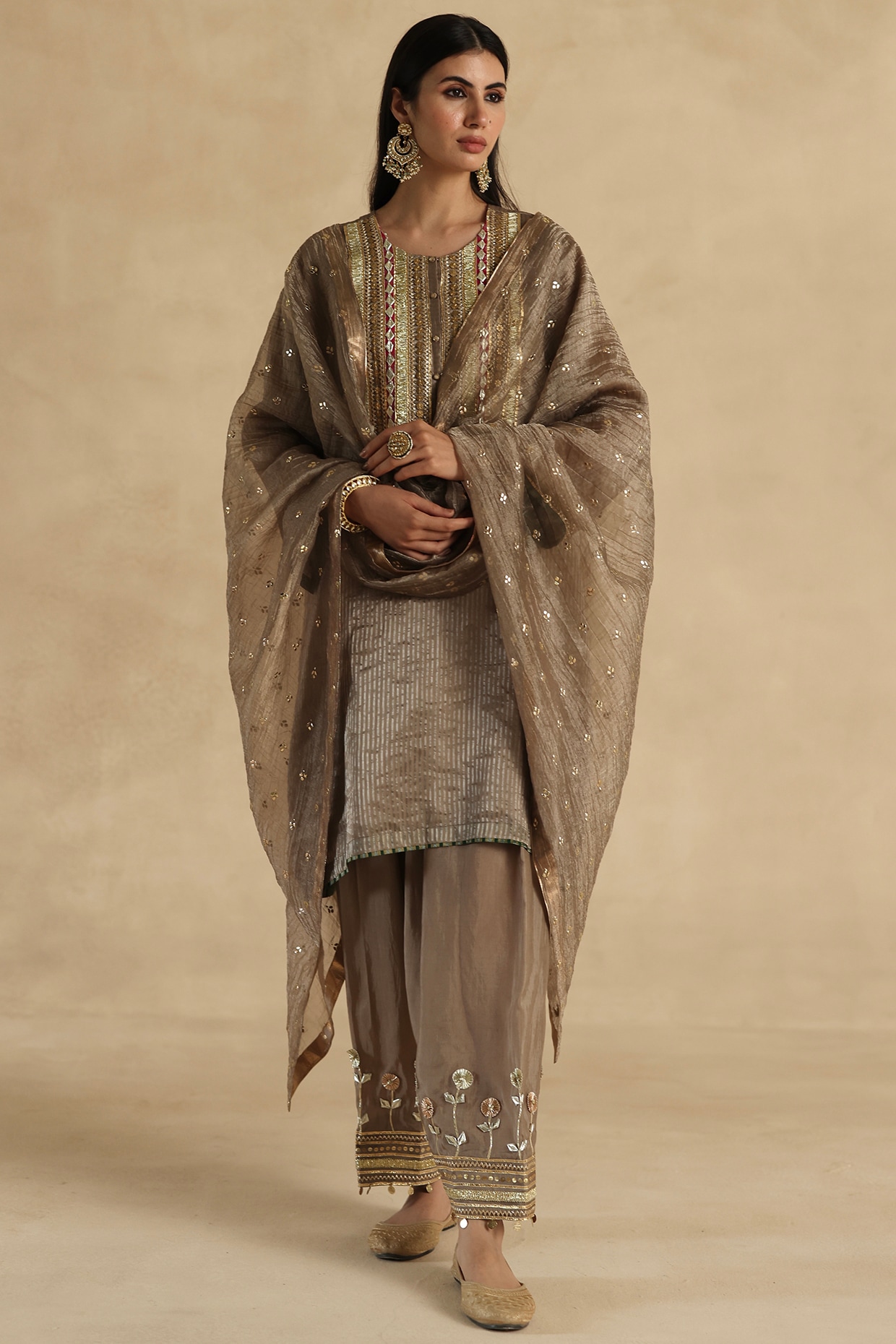 Begum Pret Grey Tissue Zari Silk Striped Embroidered Kurta Set