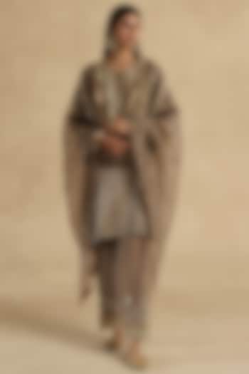 Grey Tissue Zari Silk Striped Embroidered Kurta Set by Begum Pret at Pernia's Pop Up Shop
