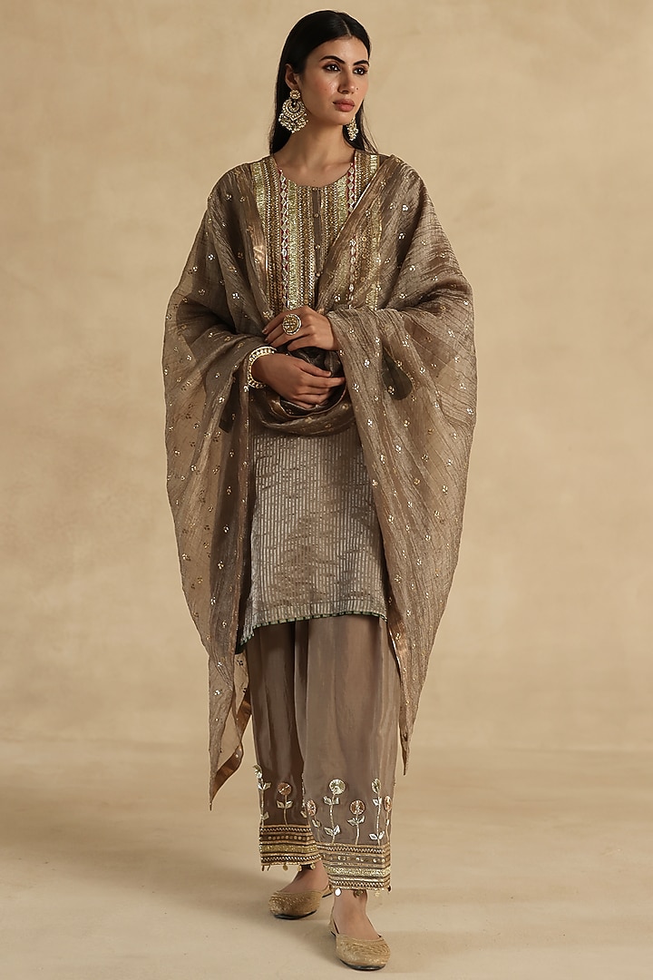 Grey Tissue Zari Silk Striped Embroidered Kurta Set by Begum Pret at Pernia's Pop Up Shop
