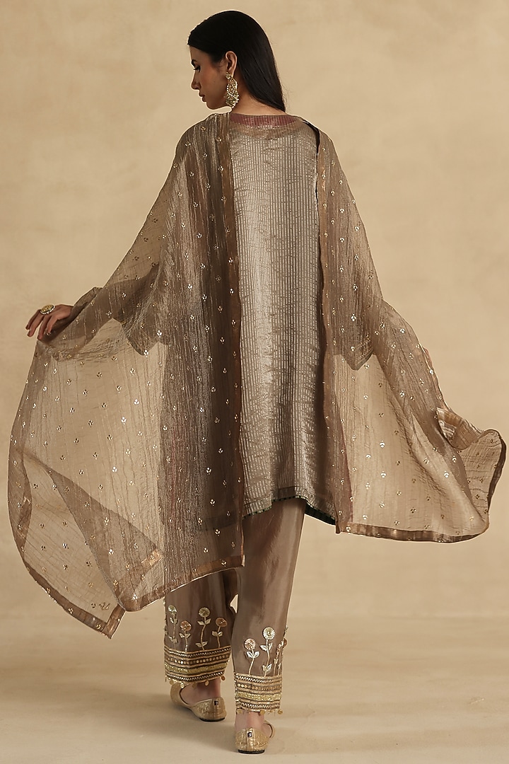 Grey Tissue Zari Silk Striped Embroidered Kurta Set by Begum Pret at Pernia's Pop Up Shop