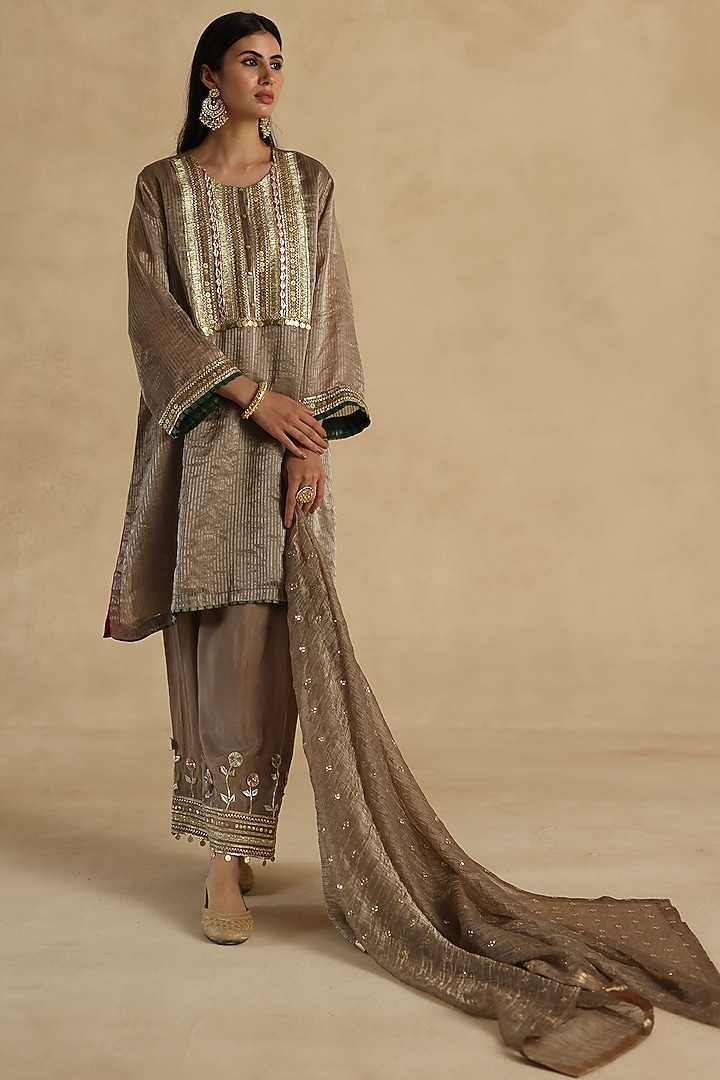 Grey Tissue Zari Silk Striped Embroidered Kurta Set by Begum Pret at Pernia's Pop Up Shop