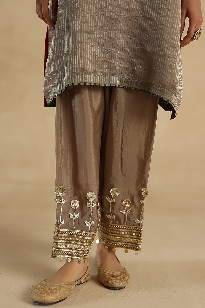 Grey Tissue Zari Silk Striped Embroidered Kurta Set by Begum Pret at Pernia's Pop Up Shop