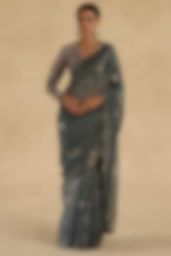 Blue-Grey Crushed Tissue Silk Thread Embroidered Wedding Saree Set by Begum Pret at Pernia's Pop Up Shop