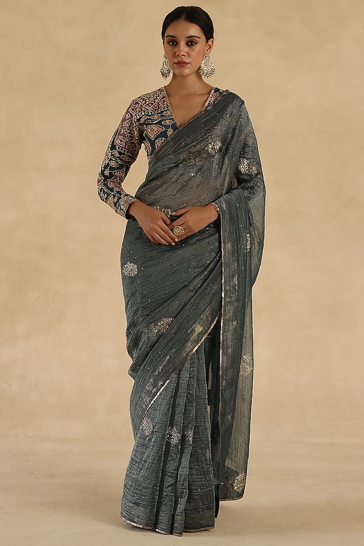 Blue-Grey Crushed Tissue Silk Thread Embroidered Wedding Saree Set by Begum Pret at Pernia's Pop Up Shop