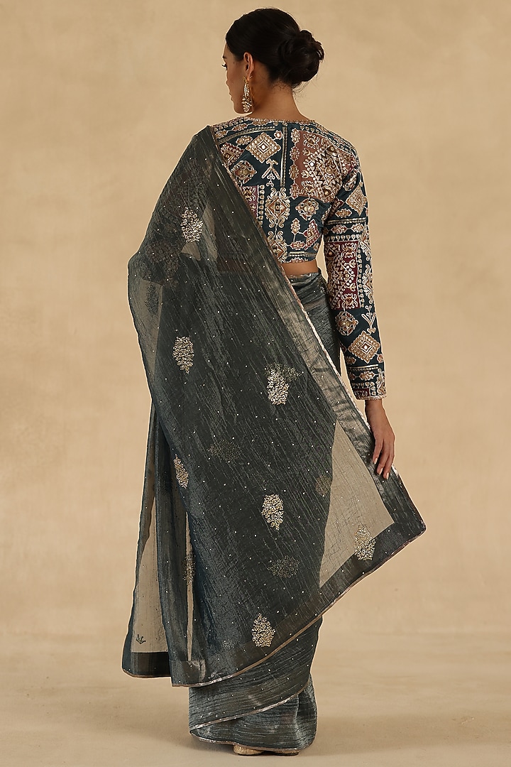 Blue-Grey Crushed Tissue Silk Thread Embroidered Wedding Saree Set by Begum Pret at Pernia's Pop Up Shop