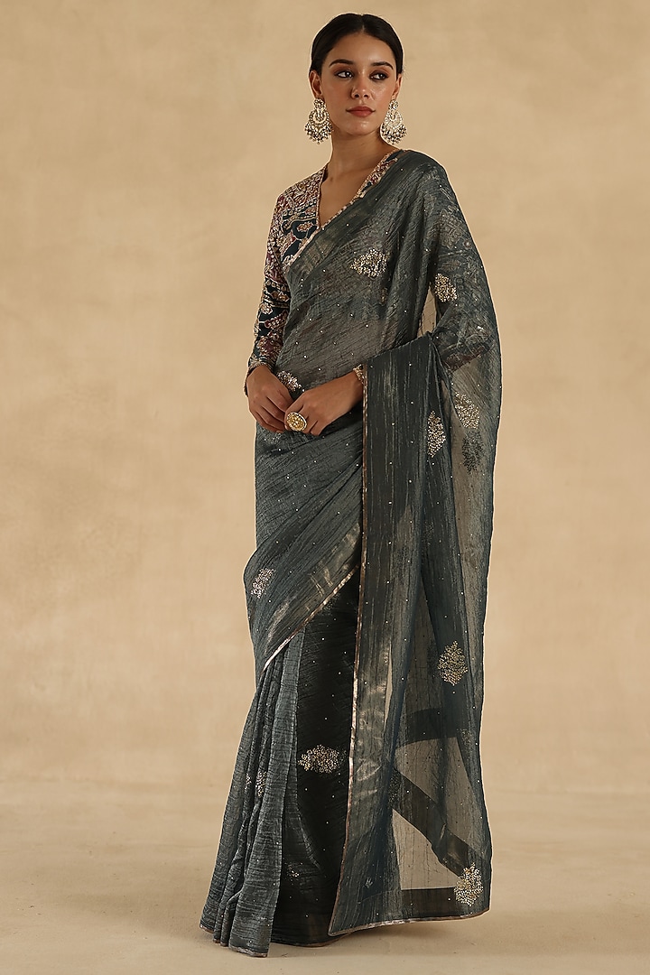 Blue-Grey Crushed Tissue Silk Thread Embroidered Wedding Saree Set by Begum Pret at Pernia's Pop Up Shop