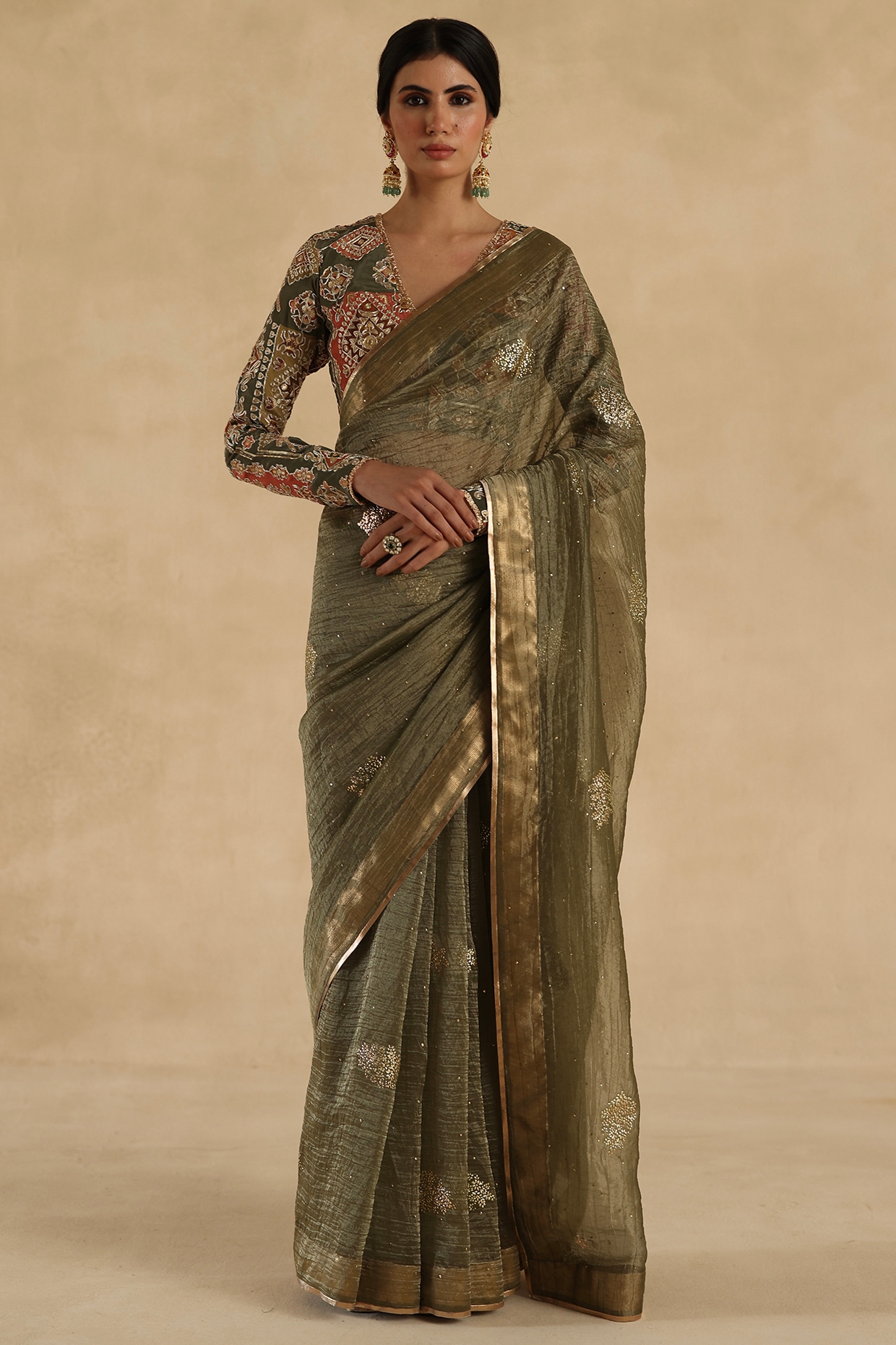 Begum Pret Olive Green Crushed Tissue Silk Thread Embroidered Saree Set