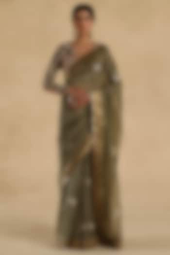 Olive Green Crushed Tissue Silk Thread Embroidered Wedding Saree Set by Begum Pret at Pernia's Pop Up Shop