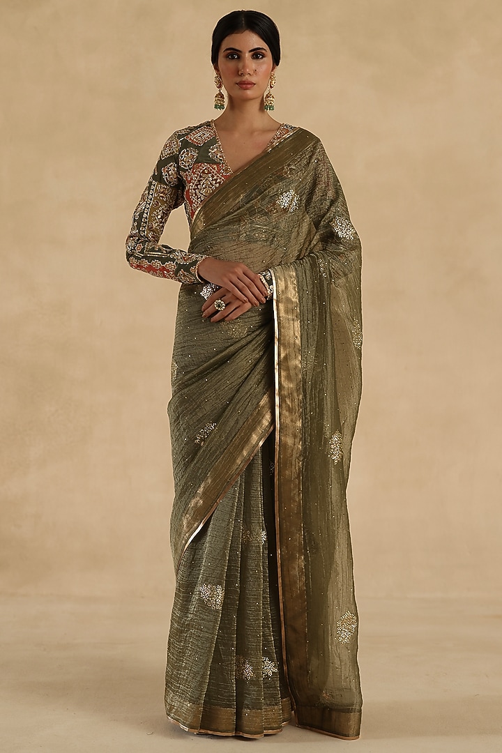 Olive Green Crushed Tissue Silk Thread Embroidered Wedding Saree Set by Begum Pret at Pernia's Pop Up Shop