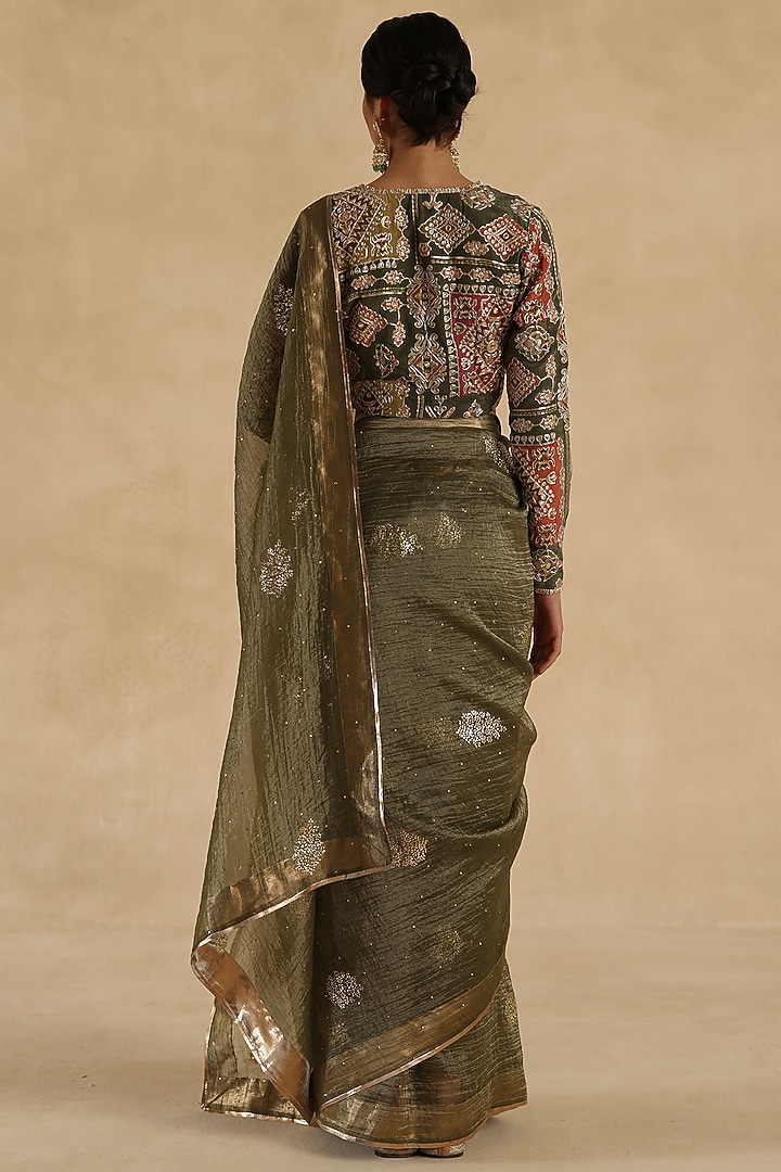 Olive Green Crushed Tissue Silk Thread Embroidered Wedding Saree Set by Begum Pret at Pernia's Pop Up Shop