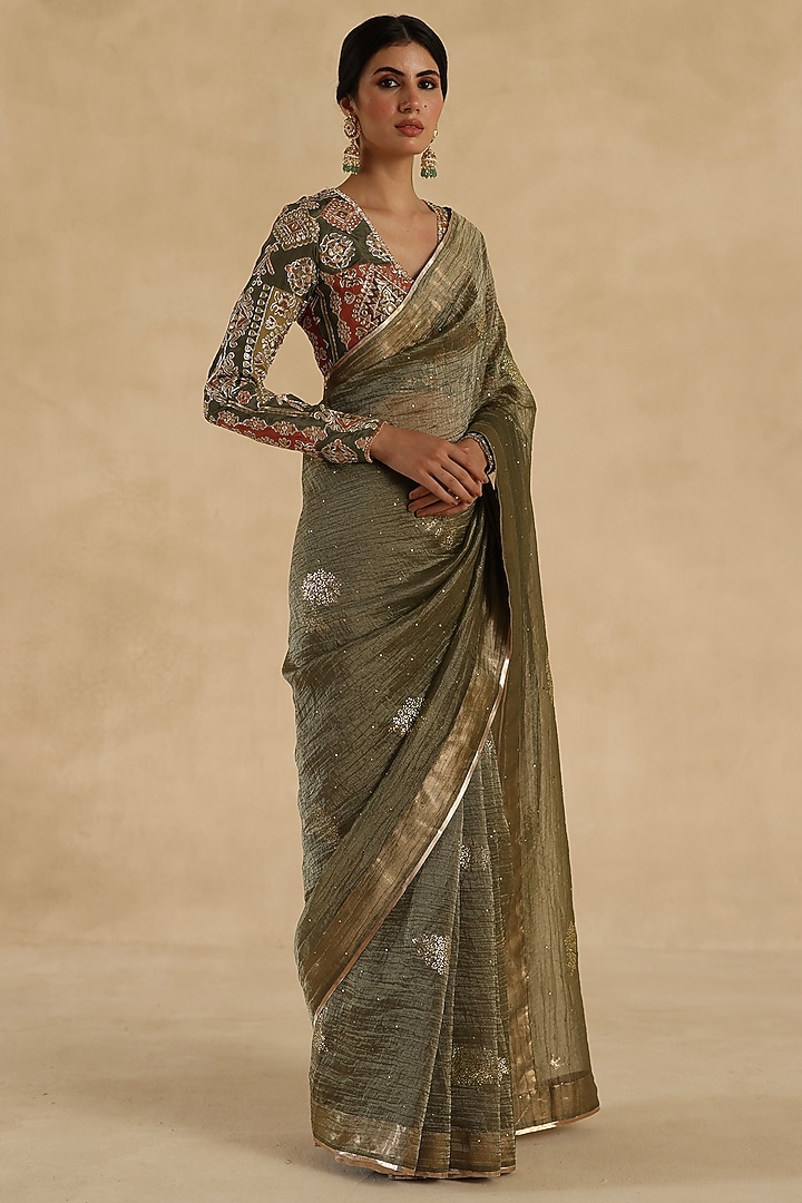 Olive Green Crushed Tissue Silk Thread Embroidered Wedding Saree Set by Begum Pret at Pernia's Pop Up Shop