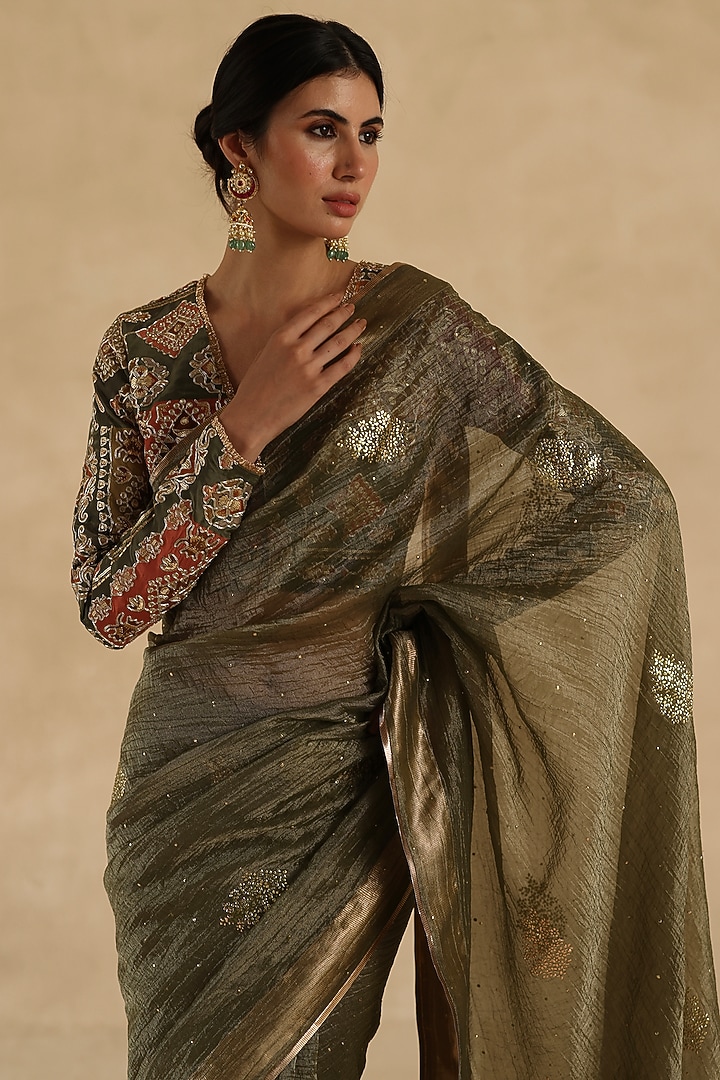 Olive Green Crushed Tissue Silk Thread Embroidered Wedding Saree Set by Begum Pret at Pernia's Pop Up Shop