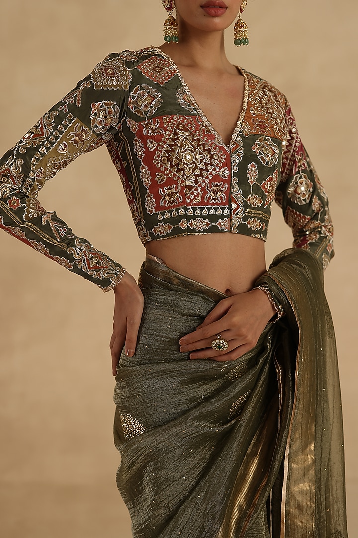 Olive Green Crushed Tissue Silk Thread Embroidered Wedding Saree Set by Begum Pret at Pernia's Pop Up Shop