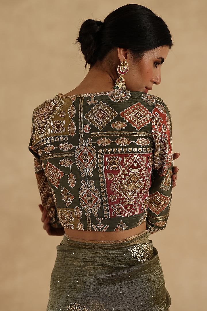 Olive Green Crushed Tissue Silk Thread Embroidered Wedding Saree Set by Begum Pret at Pernia's Pop Up Shop