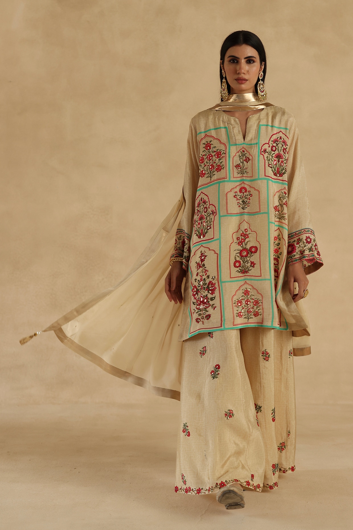 Begum Pret Beige Habutai Silk Zari Embroidered Sharara Set