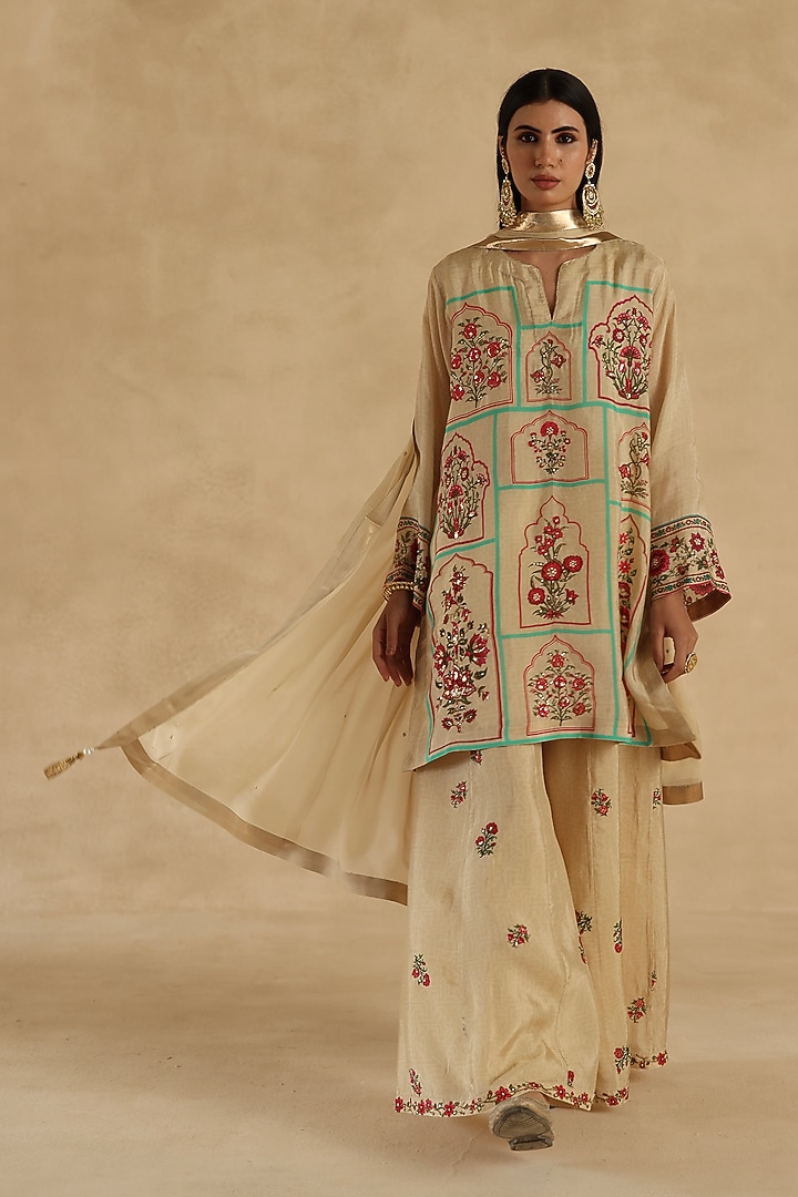 Beige Habutai Silk Zari Embroidered Party Wear Sharara Set by Begum Pret at Pernia's Pop Up Shop