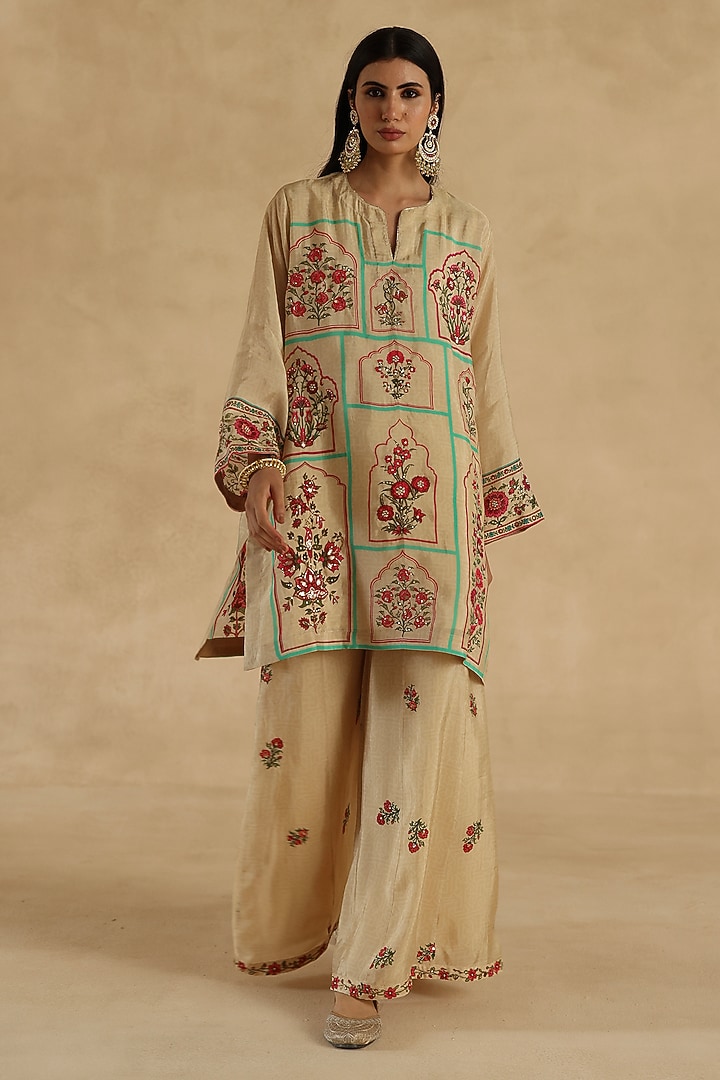 Beige Habutai Silk Zari Embroidered Party Wear Sharara Set by Begum Pret at Pernia's Pop Up Shop