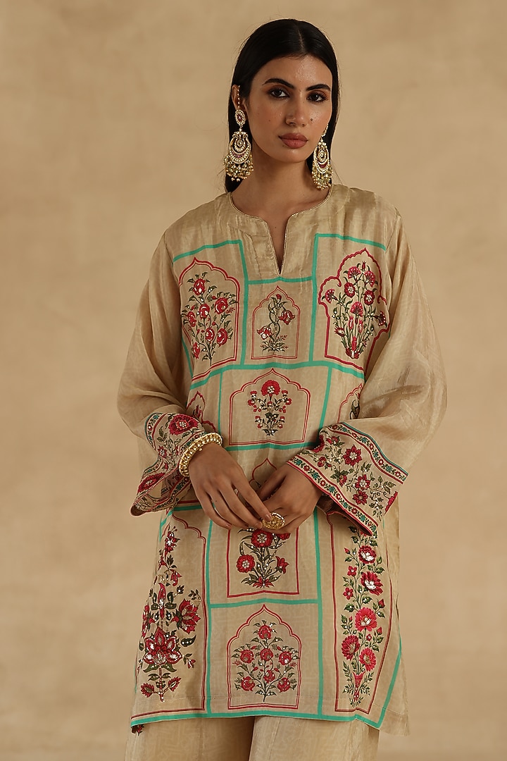 Beige Habutai Silk Zari Embroidered Party Wear Sharara Set by Begum Pret at Pernia's Pop Up Shop