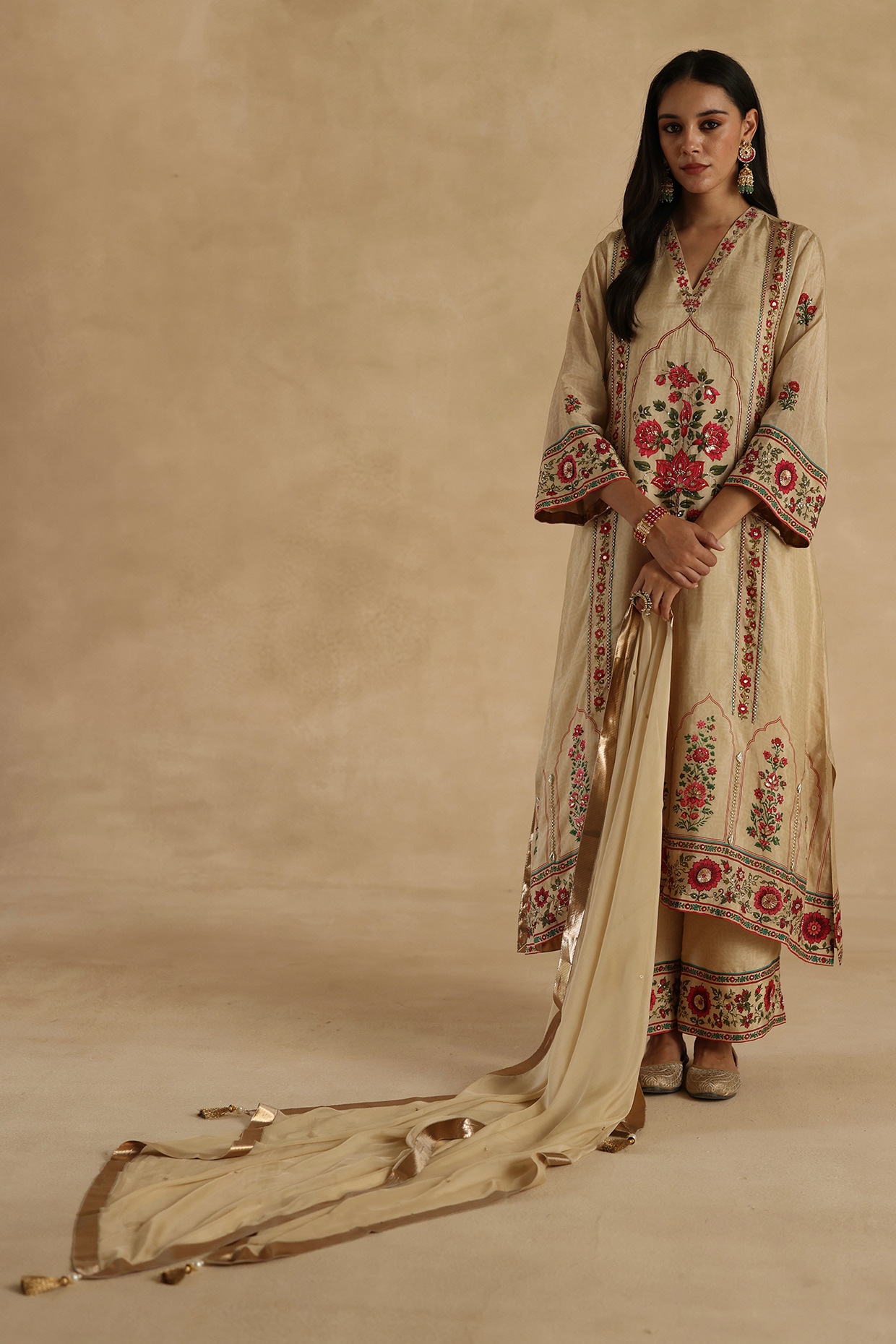 Begum Pret Beige Habutai Silk Floral Embroidered Kurta Set