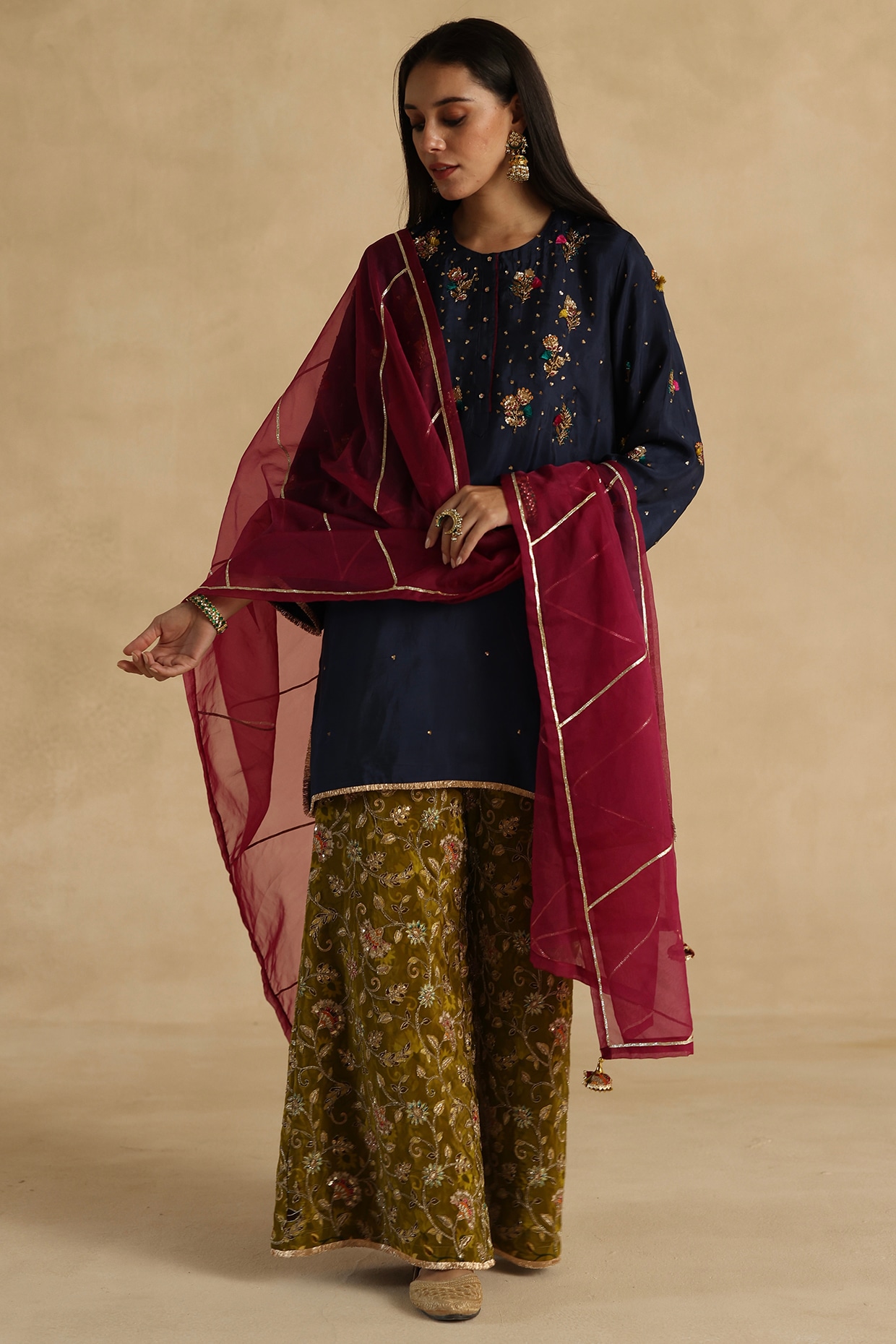 Begum Pret Blue Habutai Silk Dabka Embroidered Straight Kurta Set