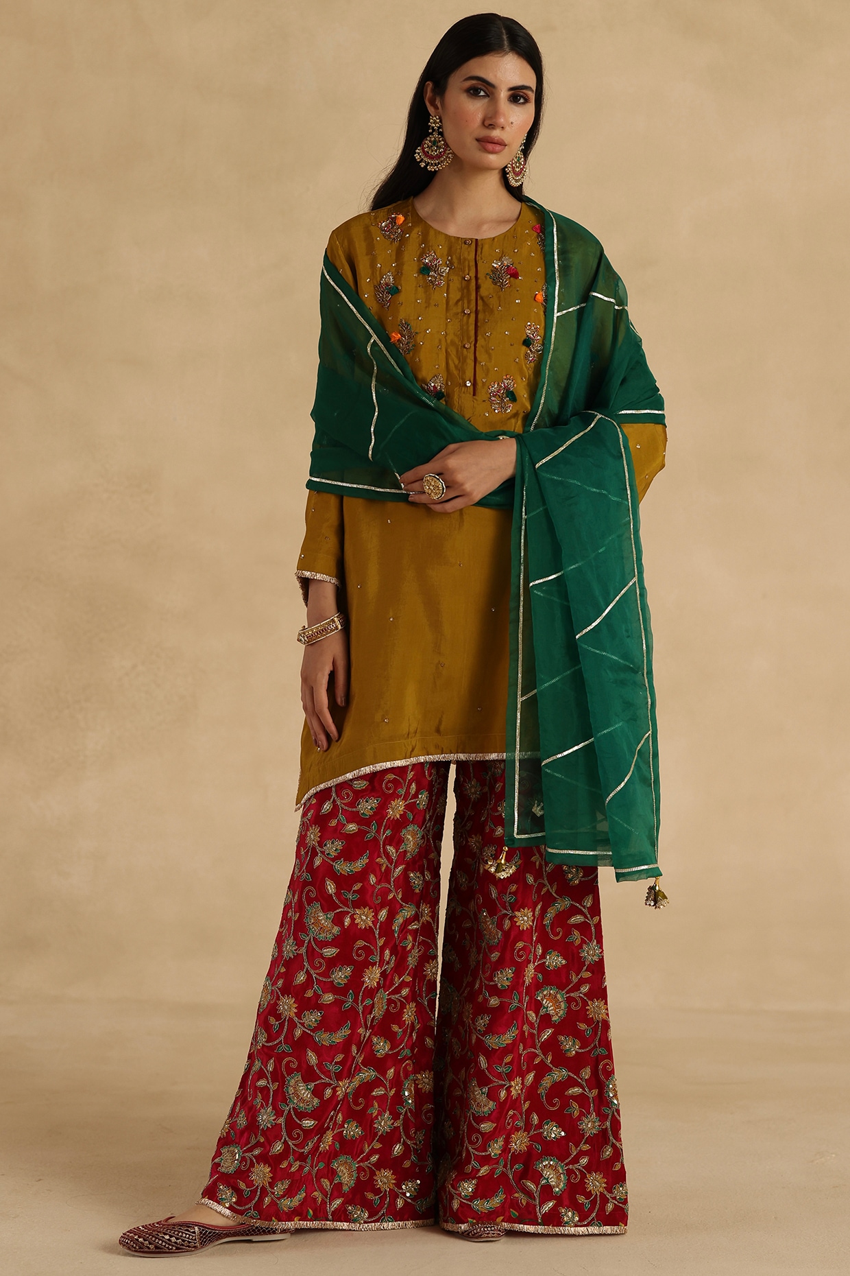 Begum Pret Mustard Habutai Silk Dabka Embroidered Straight Kurta Set
