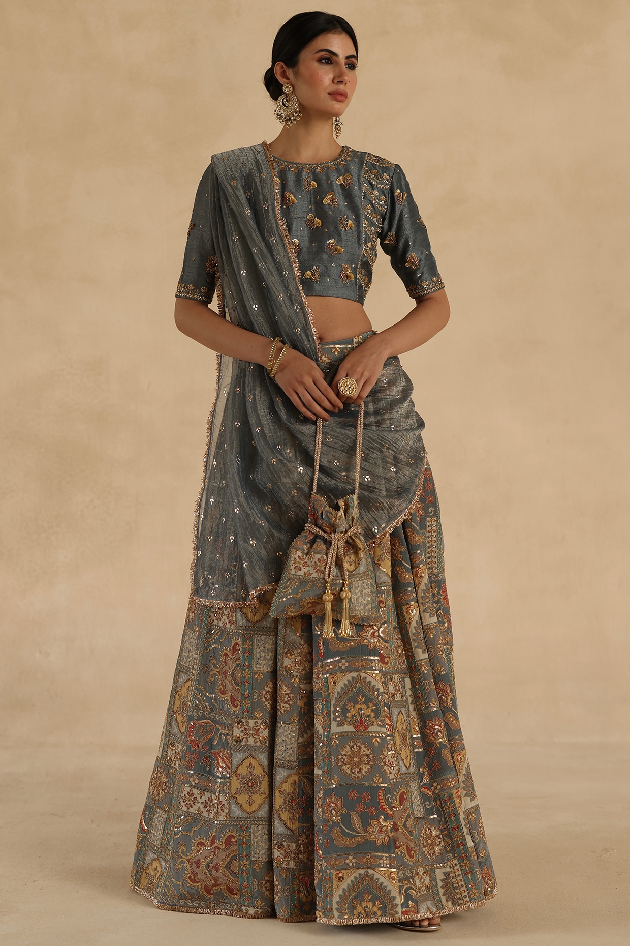 Begum Pret Grey Silk Lehenga Saree Set