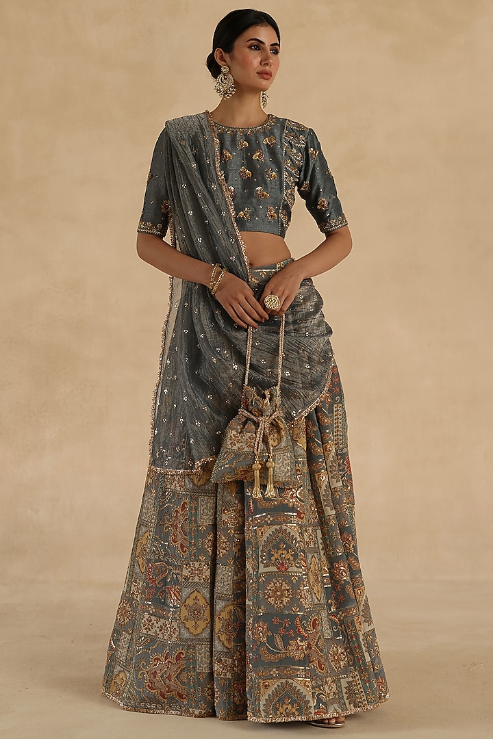 Grey Silk Wedding Lehenga Saree Set by Begum Pret at Pernia's Pop Up Shop
