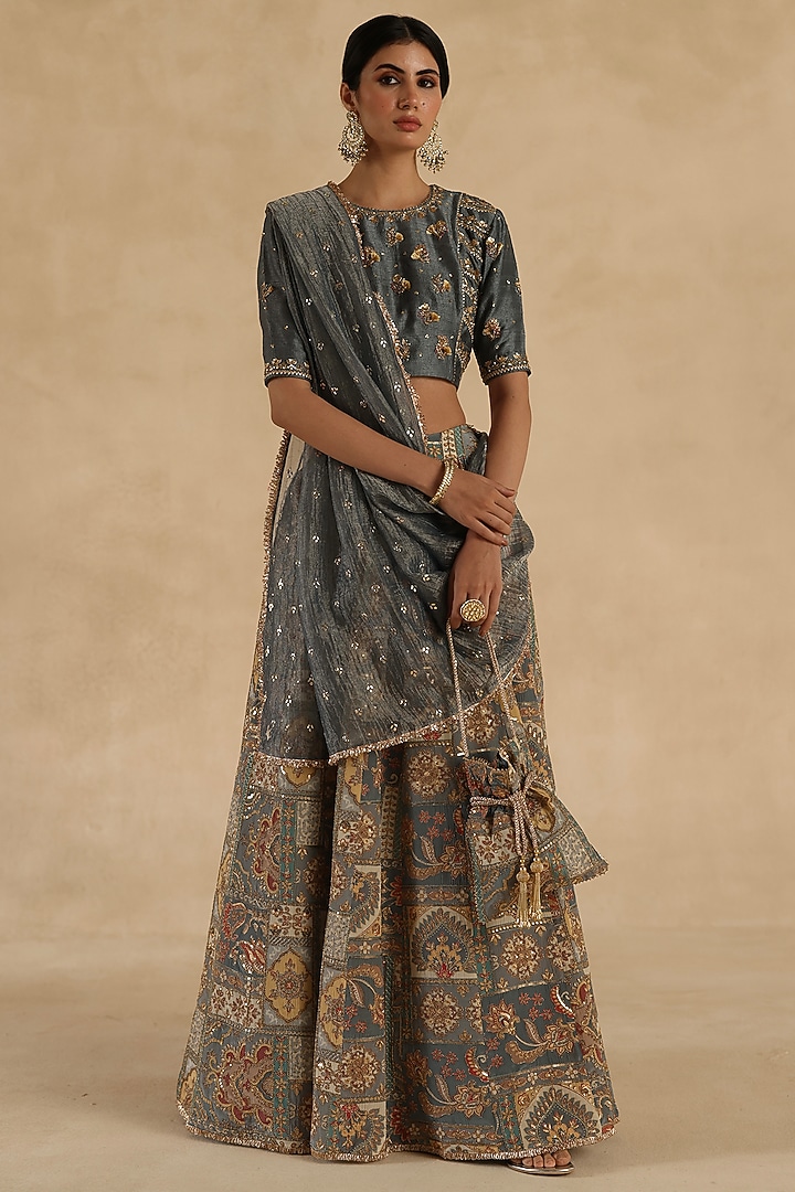 Grey Silk Wedding Lehenga Saree Set by Begum Pret at Pernia's Pop Up Shop