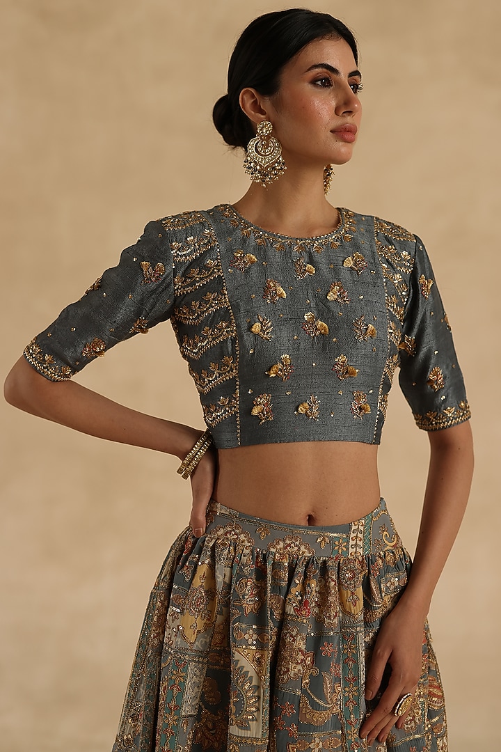 Grey Silk Wedding Lehenga Saree Set by Begum Pret at Pernia's Pop Up Shop