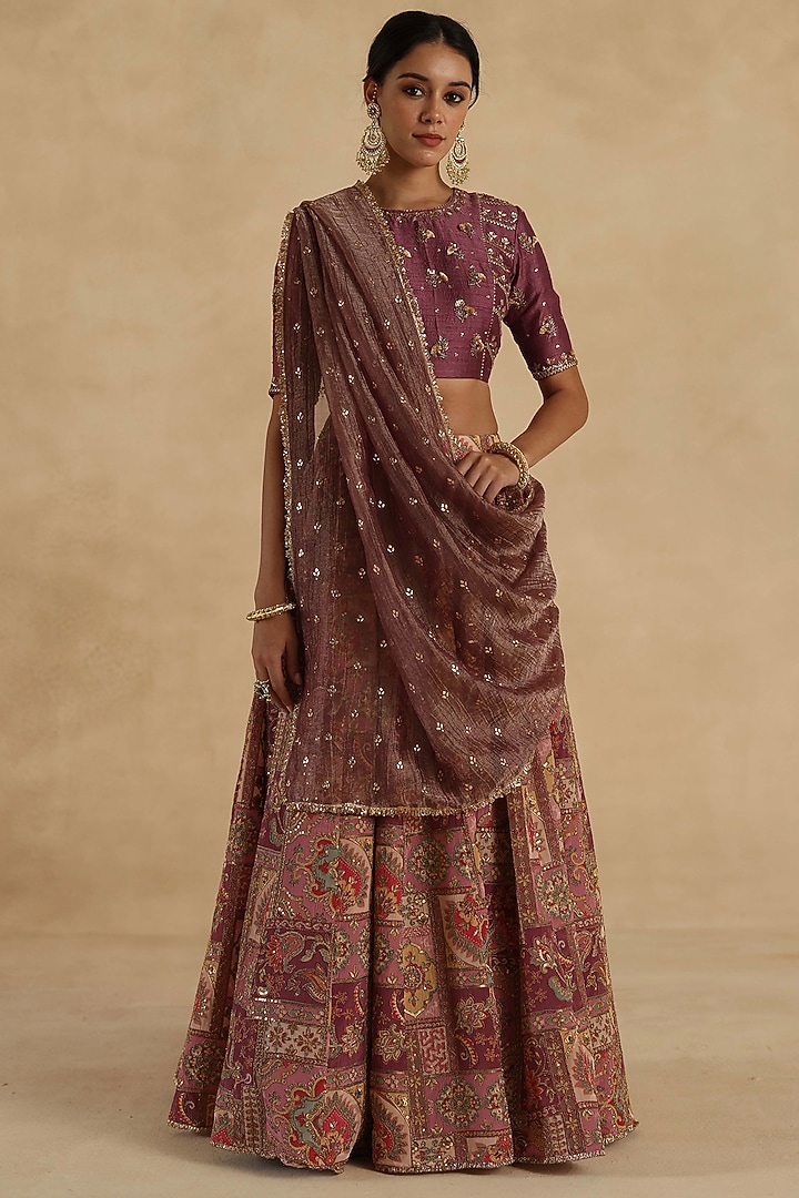 Plum Silk Wedding Lehenga Saree Set by Begum Pret at Pernia's Pop Up Shop