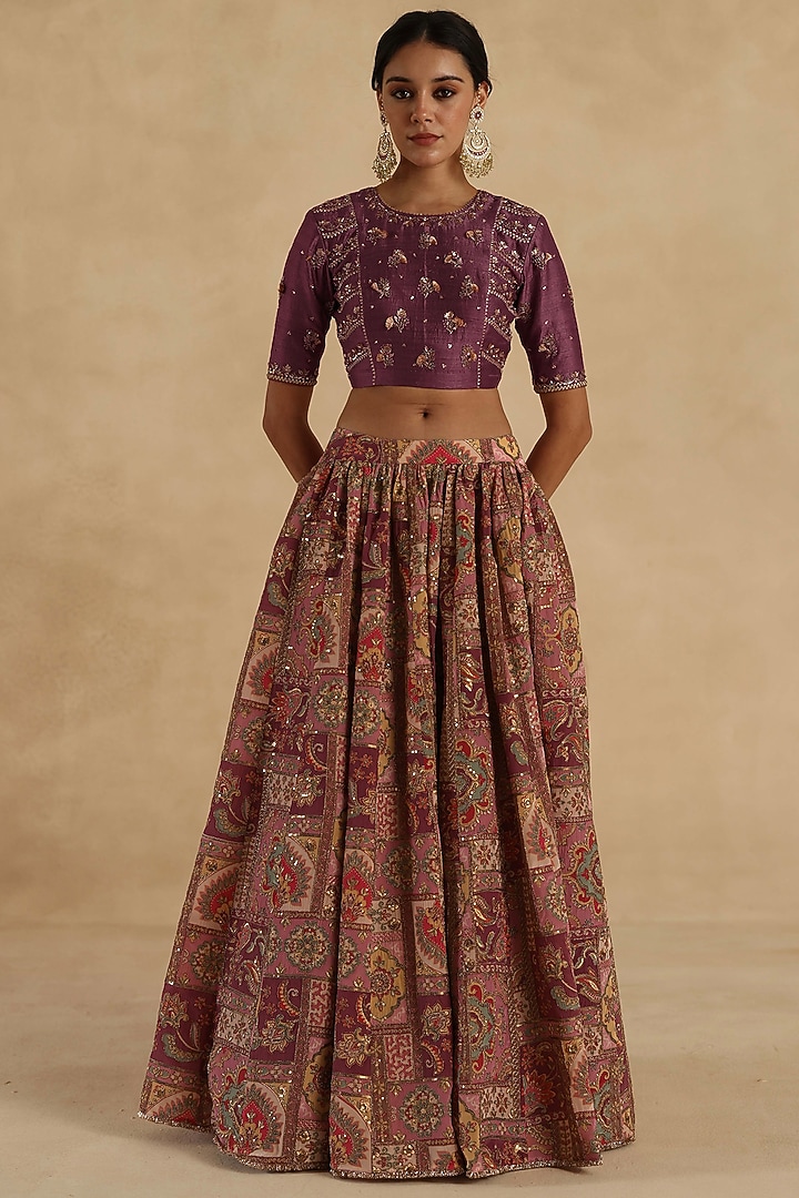 Plum Silk Wedding Lehenga Saree Set by Begum Pret at Pernia's Pop Up Shop