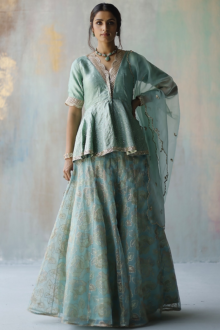Periwinkle Embroidered Lehenga Set by Begum Pret