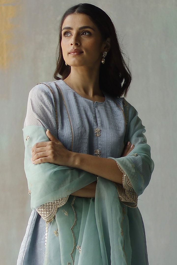 Aqua Blue Organza Embroidered Dupatta by Begum Pret at Pernia's Pop Up Shop