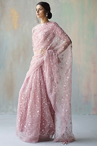 Plum Embroidered Saree Set by Begum Pret