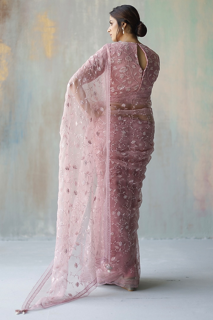 Plum Embroidered Party Wear Saree Set by Begum Pret at Pernia's Pop Up Shop