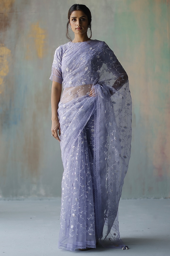 Periwinkle Embroidered Saree Set by Begum Pret