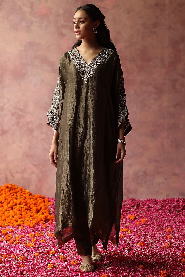 Olive Zari Tissue Embellished Phiran Kurta Set by Begum Pret