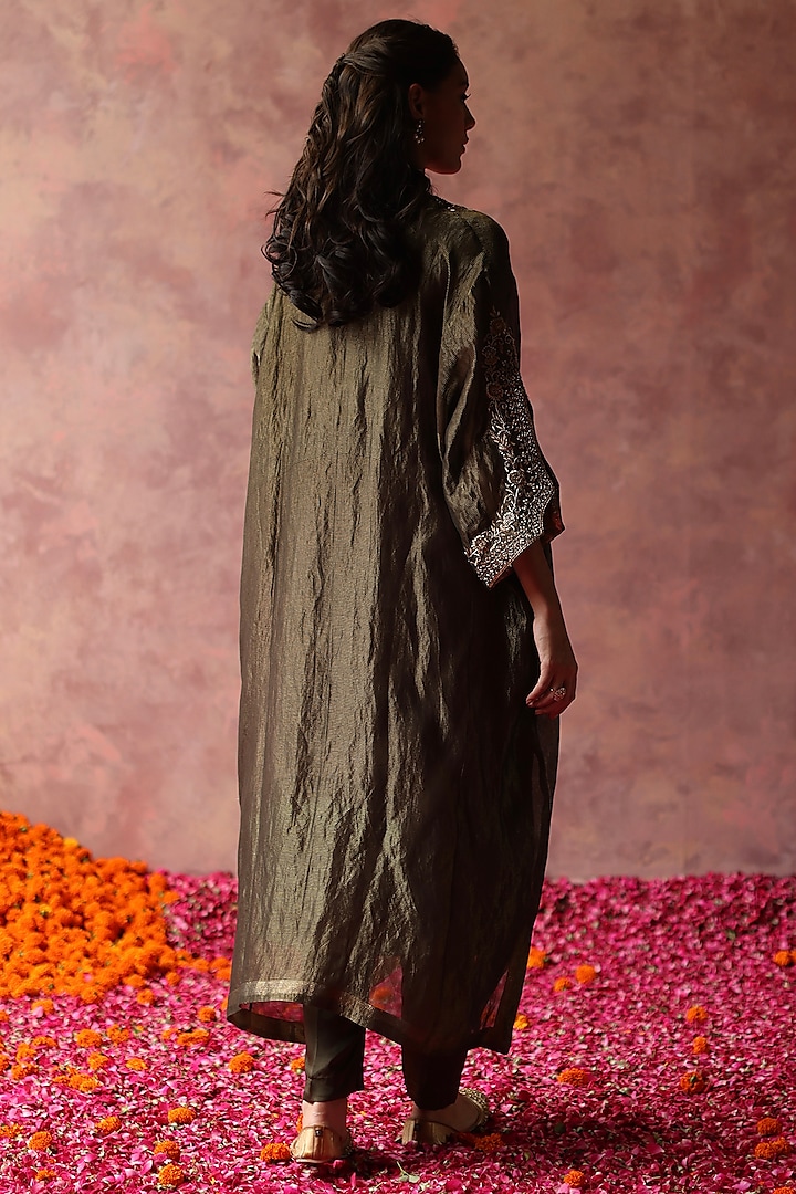 Olive Zari Tissue Embellished Phiran Kurta Set by Begum Pret at Pernia's Pop Up Shop