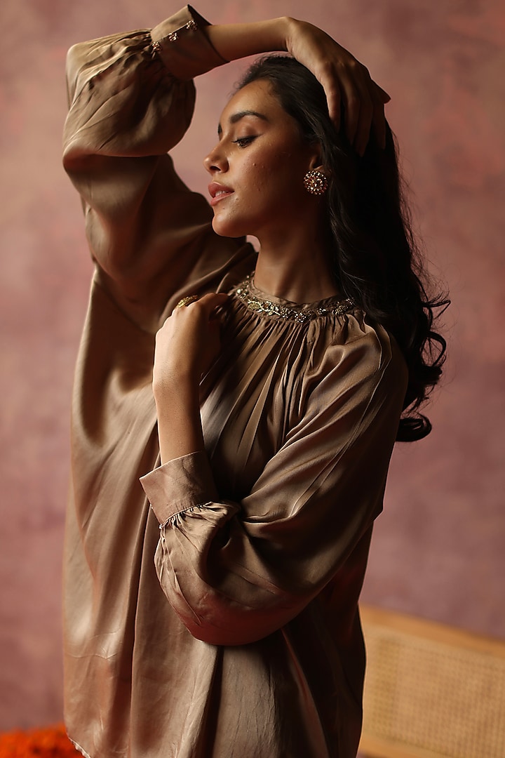 Champagne Gold Satin Embroidered Co-Ord Set by Begum Pret at Pernia's Pop Up Shop