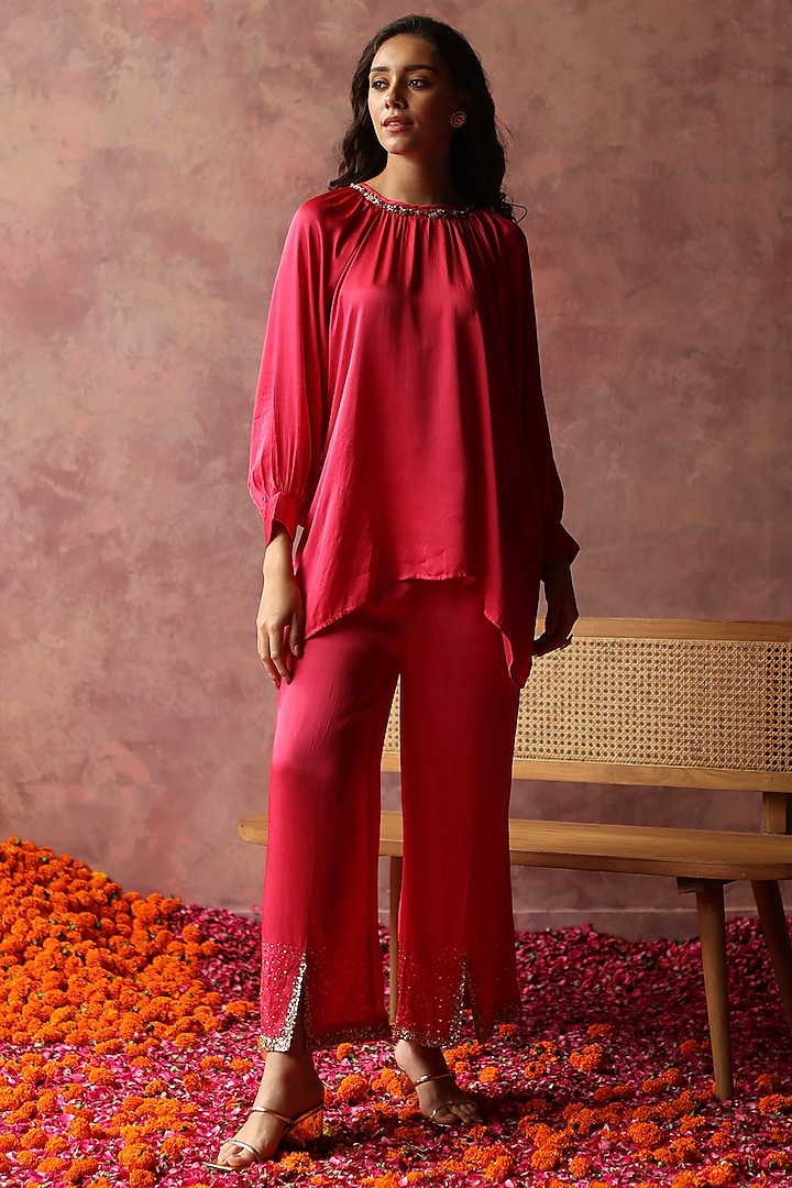 Fuchsia Satin Embroidered Co-Ord Set by Begum Pret at Pernia's Pop Up Shop