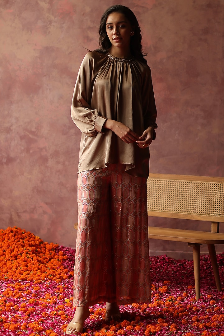 Champagne Gold Satin Embroidered Co-Ord Set by Begum Pret at Pernia's Pop Up Shop