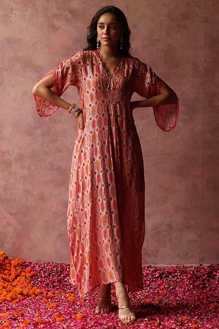 Peach Georgette Embellished Kaftan Dress by Begum Pret at Pernia's Pop Up Shop