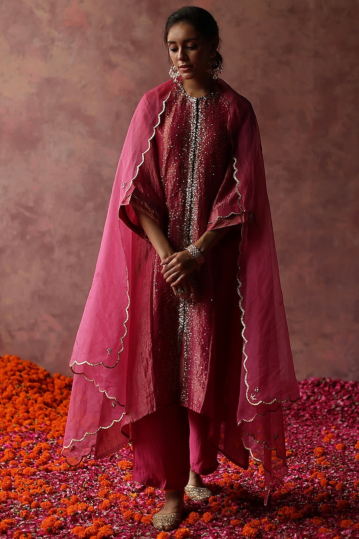 Fuchsia Zari Silk Embroidered A-Line Kurta Set by Begum Pret